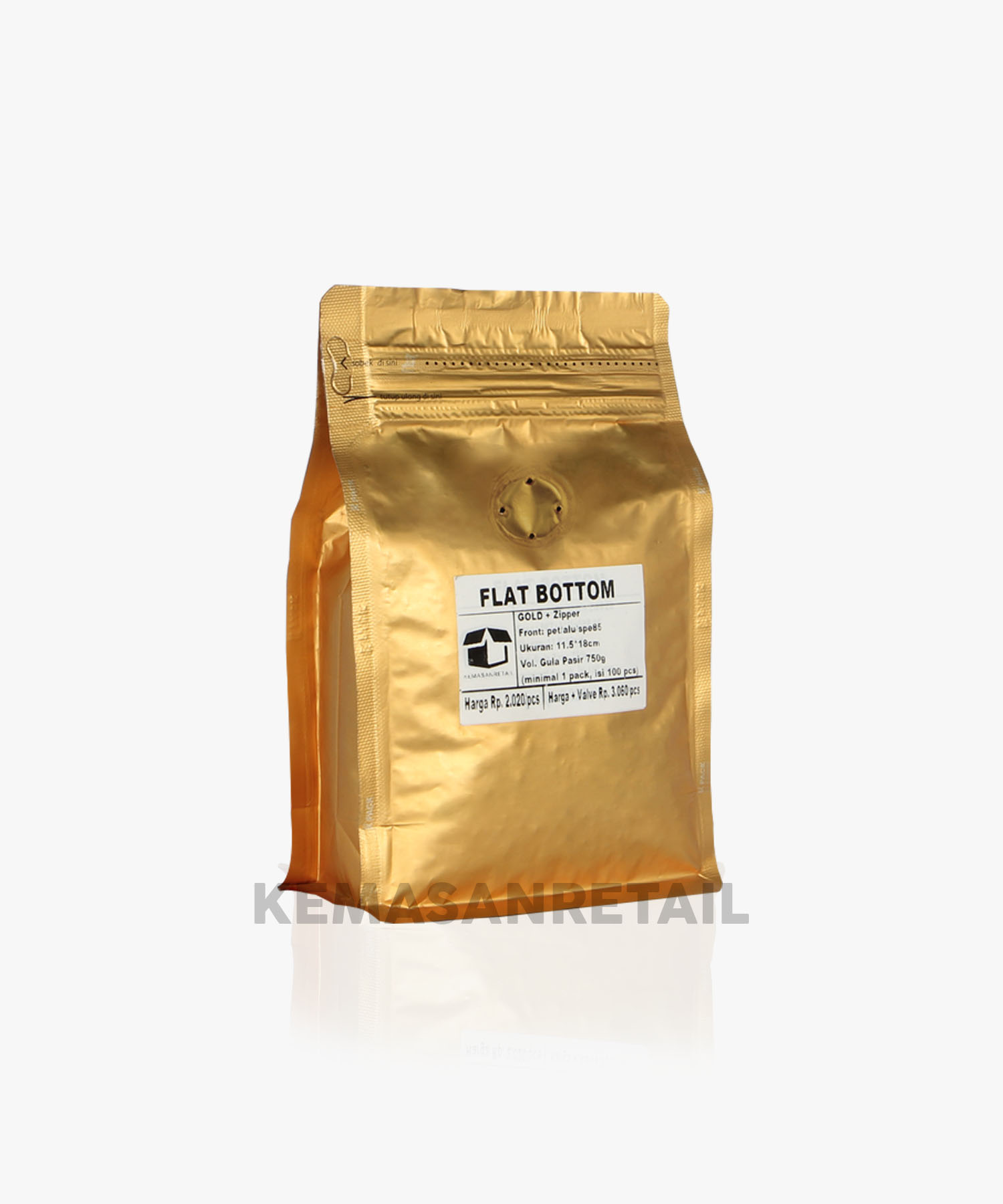 Kemasan Flat Bottom Zipper Alu Gold Doff 11.5x18 250gr Kopi +Valve - Image 2