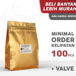 Kemasan Flat Bottom Zipper Alu Gold Doff 15.5x23 500gr Kopi +Valve