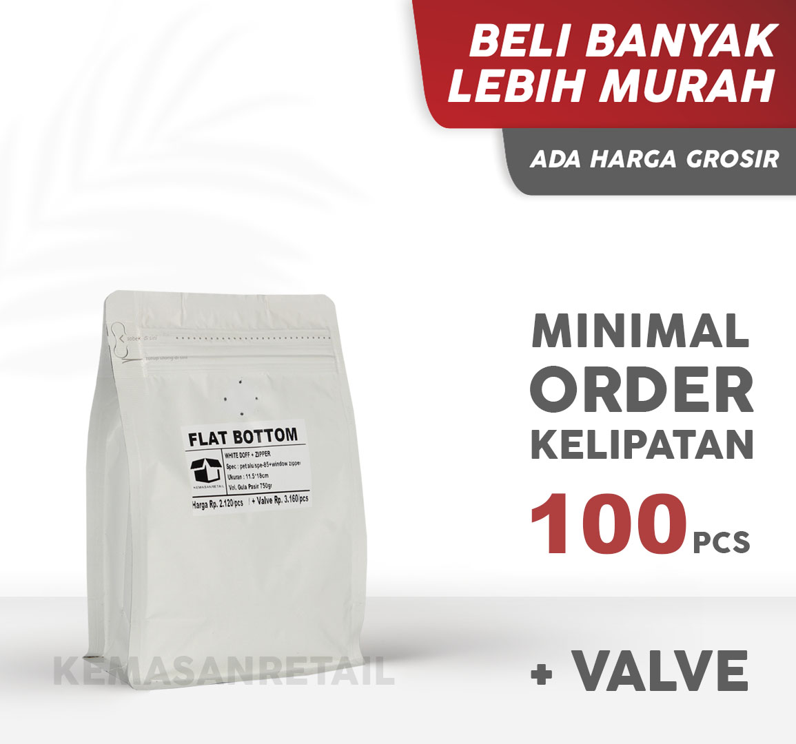 Kemasan Flat Bottom Zipper Alu Putih Doff 11.5x18 250gr Kopi +Valve