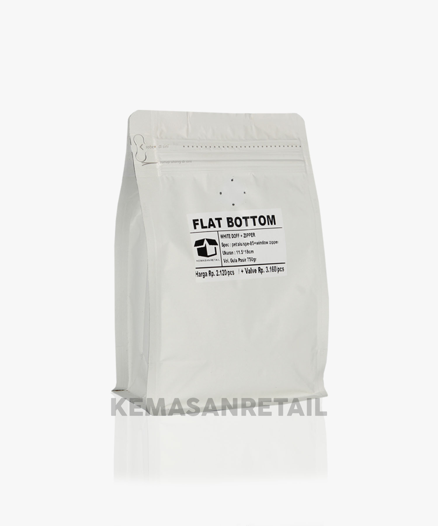Kemasan Flat Bottom Zipper Alu Putih Doff 11.5x18 250gr Kopi +Valve - Image 2