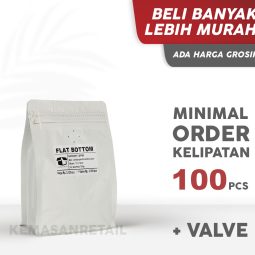 Kemasan Flat Bottom Zipper Alu Putih Doff 15.5x23 500gr Kopi +Valve