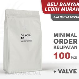 Kemasan Flat Bottom Zipper Alu Putih Doff 17.5x30 1000gr Kopi +Valve