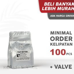 Kemasan Flat Bottom Zipper Alu Silver Doff 9.5x15 100gr Kopi +Valve