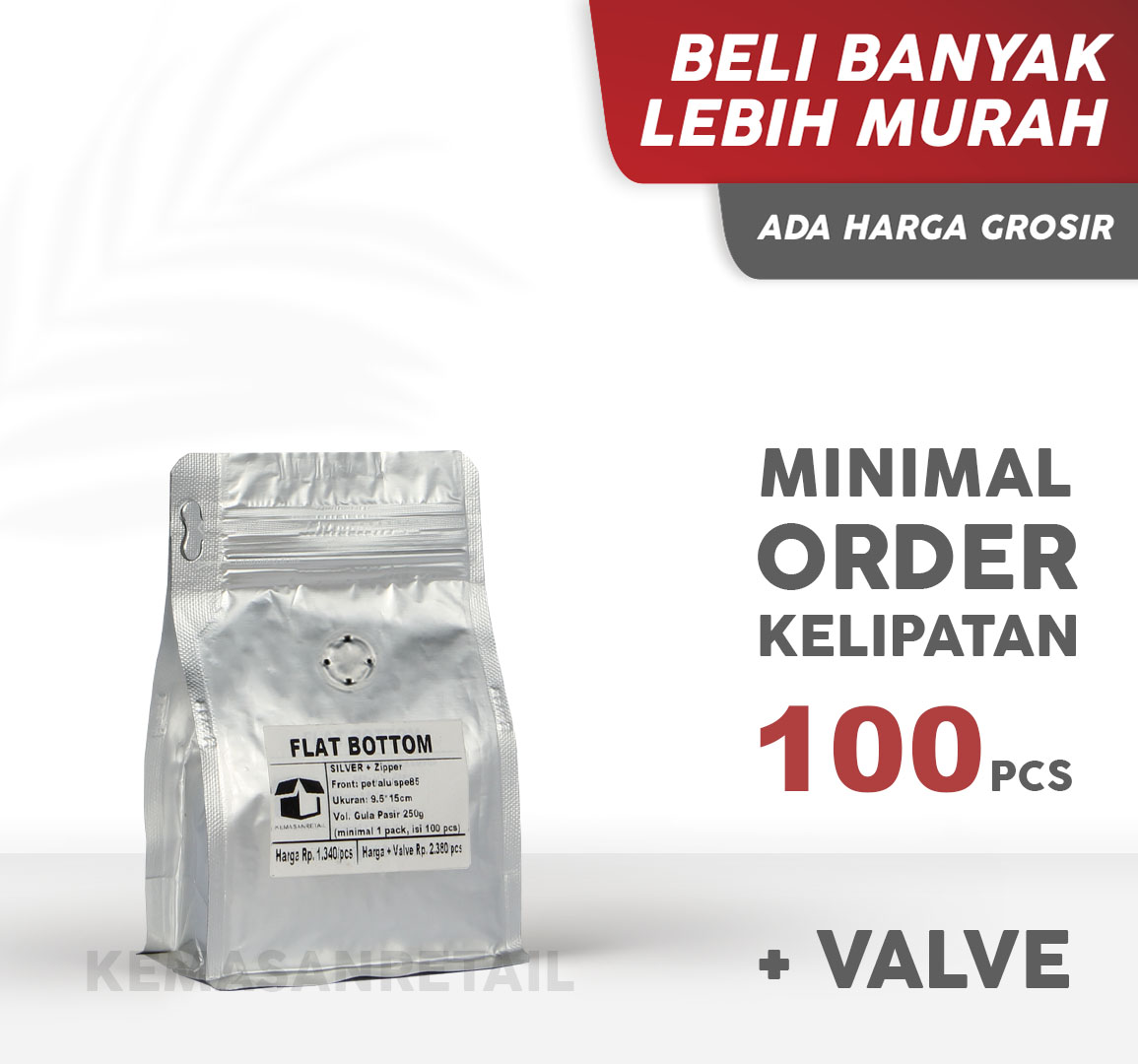 Kemasan Flat Bottom Zipper Alu Silver Doff 9.5x15 100gr Kopi +Valve