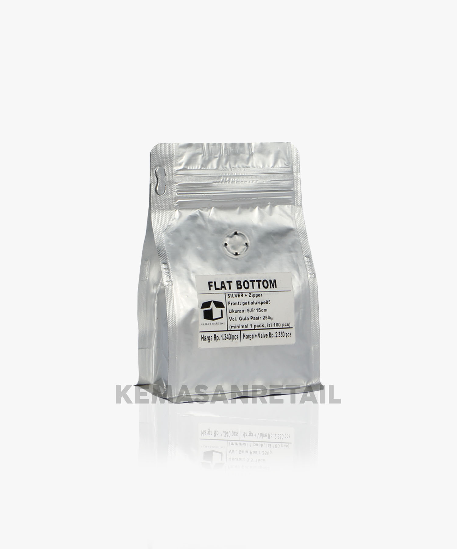 Kemasan Flat Bottom Zipper Alu Silver Doff 9.5x15 100gr Kopi +Valve - Image 2