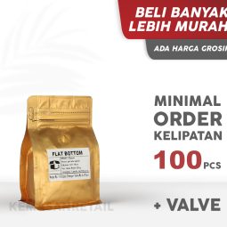Kemasan Flat Bottom Zipper Alumunium Gold Doff 9.5x15 100gr Kopi +Valve