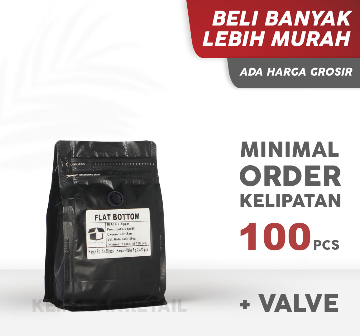 Kemasan Flat Bottom Zipper Alumunium Hitam Doff 9.5x15 100gr Kopi +Valve