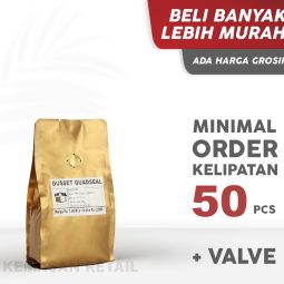 Kemasan Gusset Quadseal Aluminium Gold Doff 8.5x21 100g Kopi +Valve