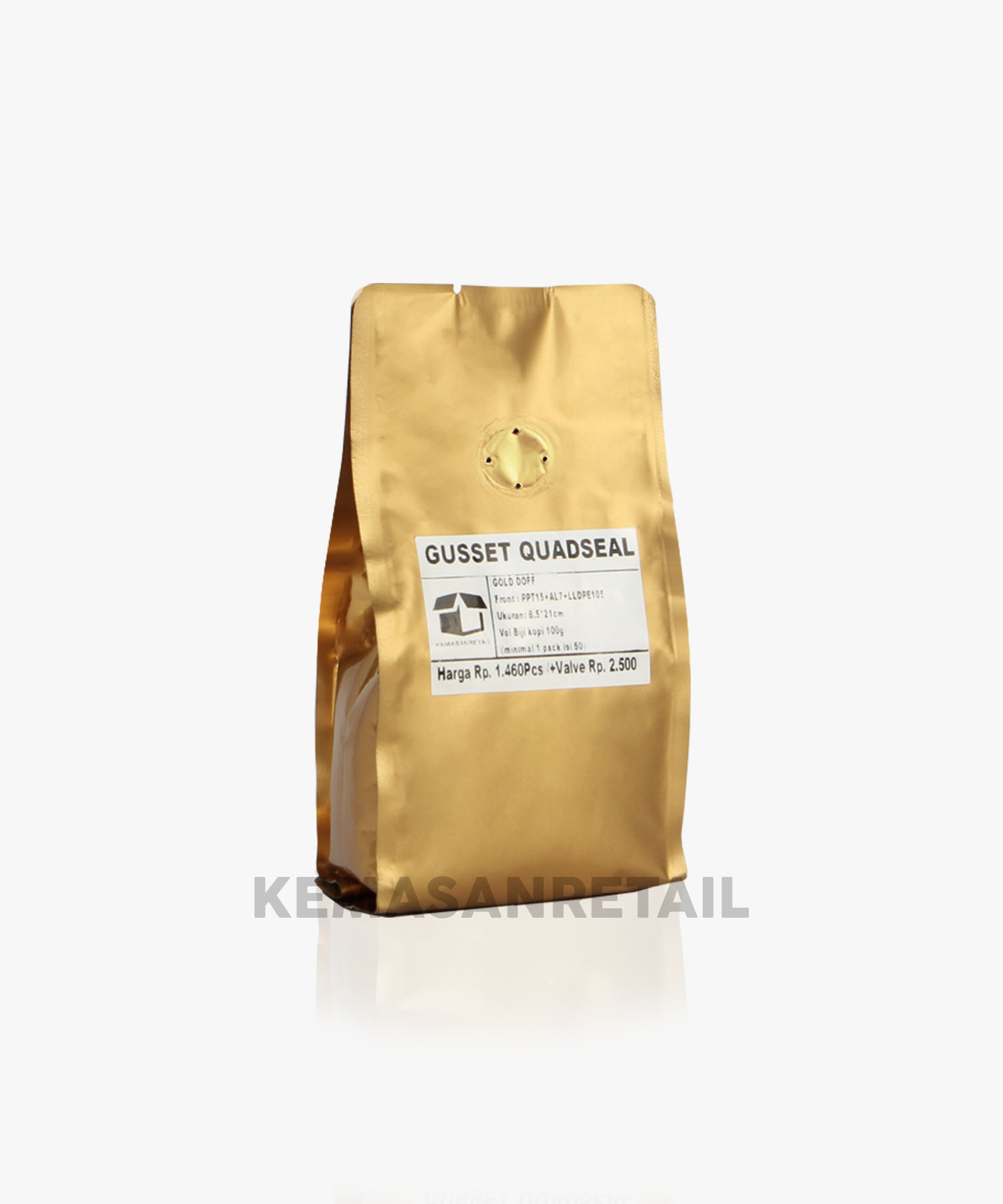 Kemasan Gusset Quadseal Aluminium Gold Doff 8.5x21 100g Kopi +Valve - Image 2