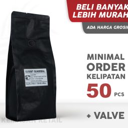Kemasan Gusset Quadseal Aluminium Hitam Doff 11x32 500g Kopi +Valve