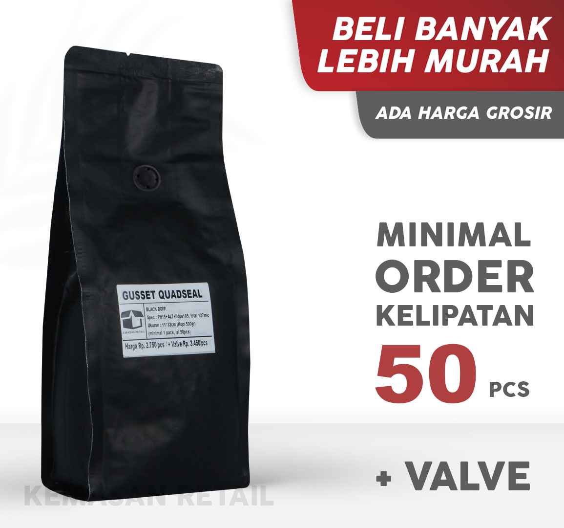 Kemasan Gusset Quadseal Aluminium Hitam Doff 11x32 500g Kopi +Valve