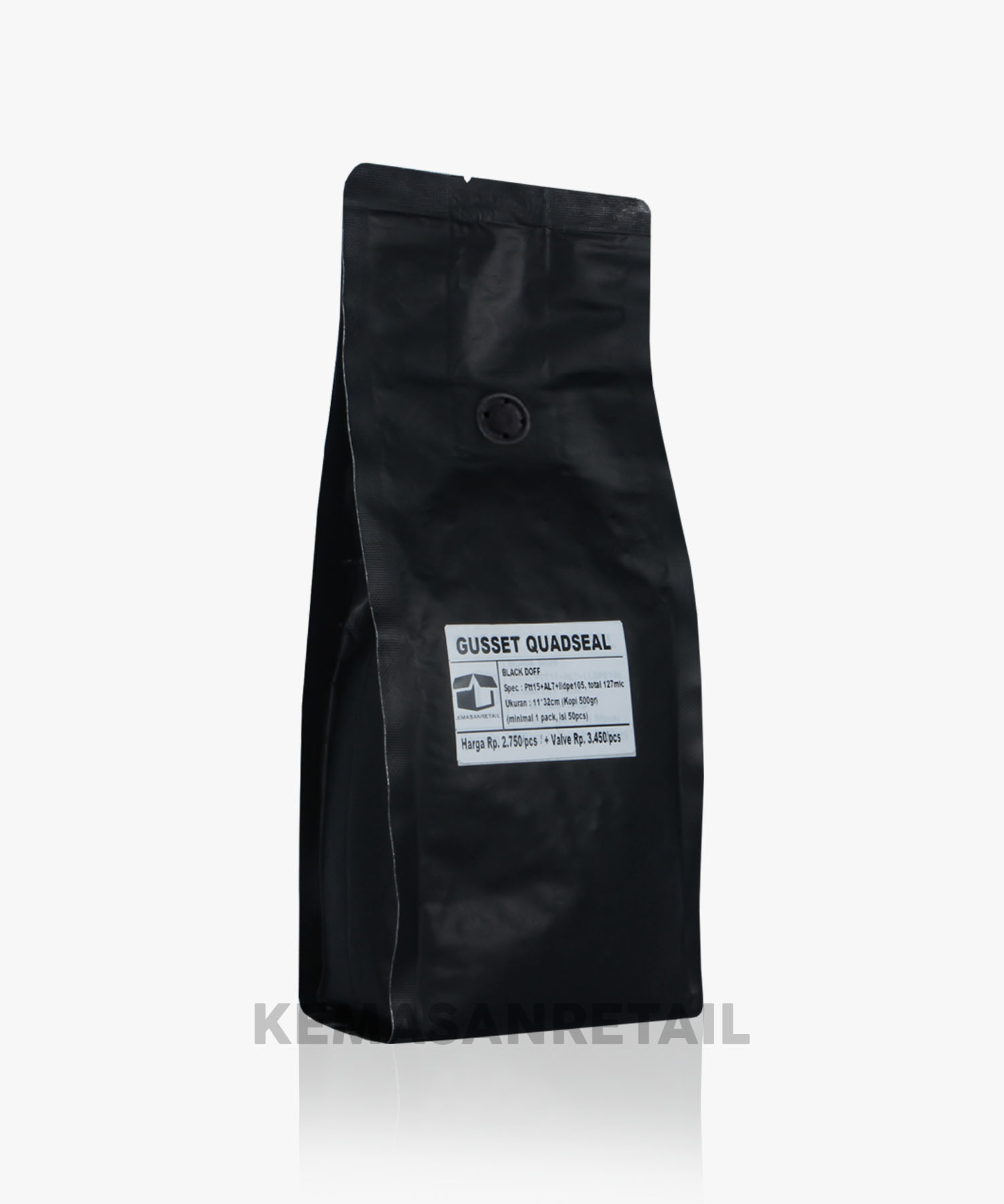 Kemasan Gusset Quadseal Aluminium Hitam Doff 11x32 500g Kopi +Valve - Image 2