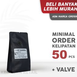 Kemasan Gusset Quadseal Aluminium Hitam Doff 8.5x21 100g Kopi +Valve