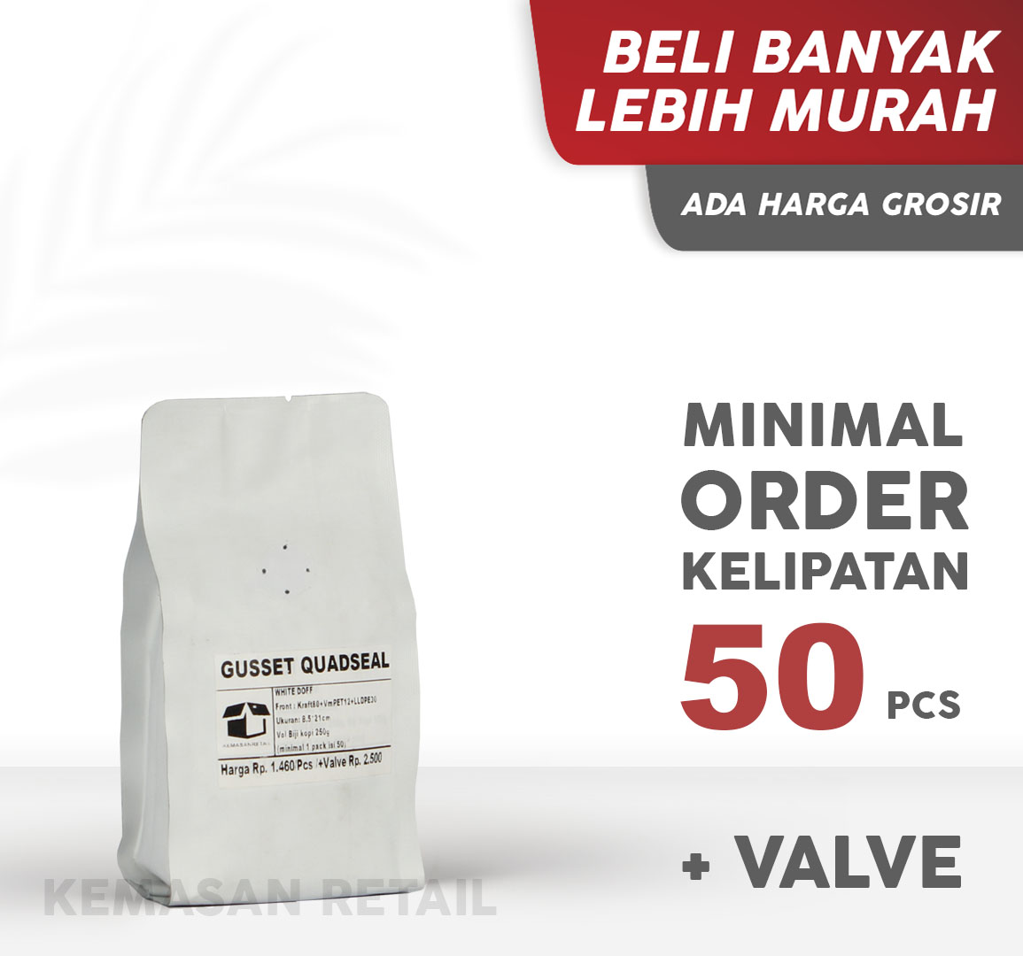 Kemasan Gusset Quadseal Aluminium Putih Doff 8.5x21 100g Kopi +Valve