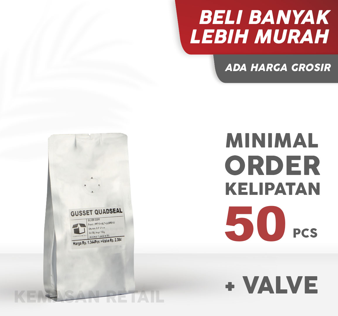 Kemasan Gusset Quadseal Aluminium Silver Doff 8.5x21 100g Kopi +Valve