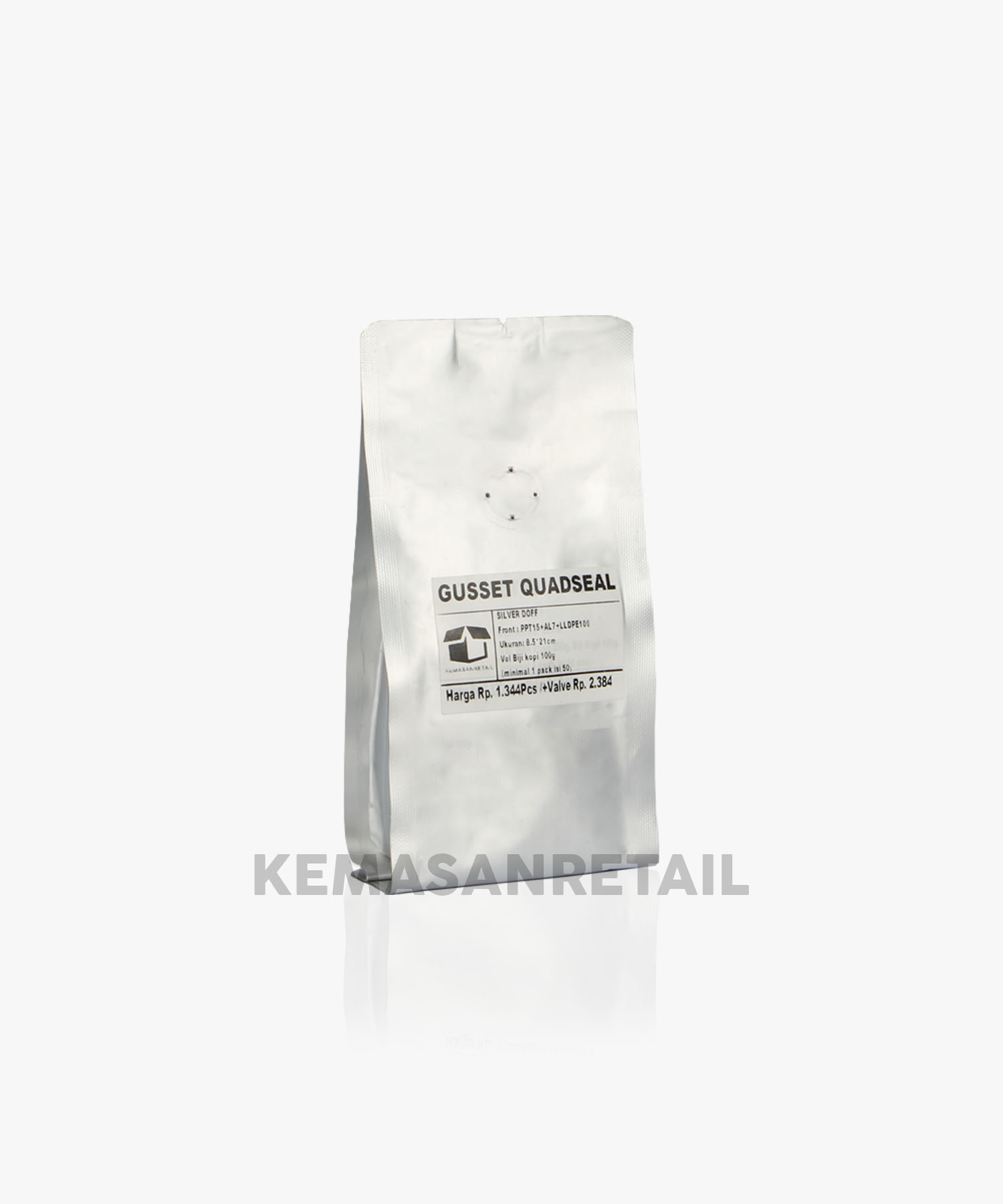 Kemasan Gusset Quadseal Aluminium Silver Doff 8.5x21 100g Kopi +Valve - Image 2