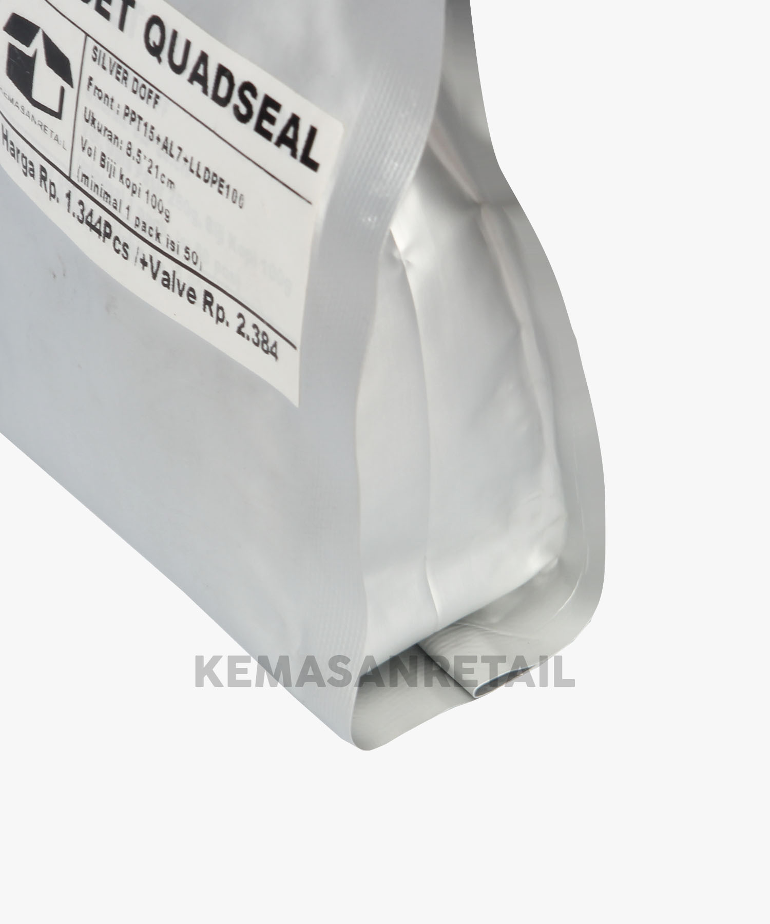 Kemasan Gusset Quadseal Aluminium Silver Doff 8.5x21 100g Kopi +Valve - Image 5