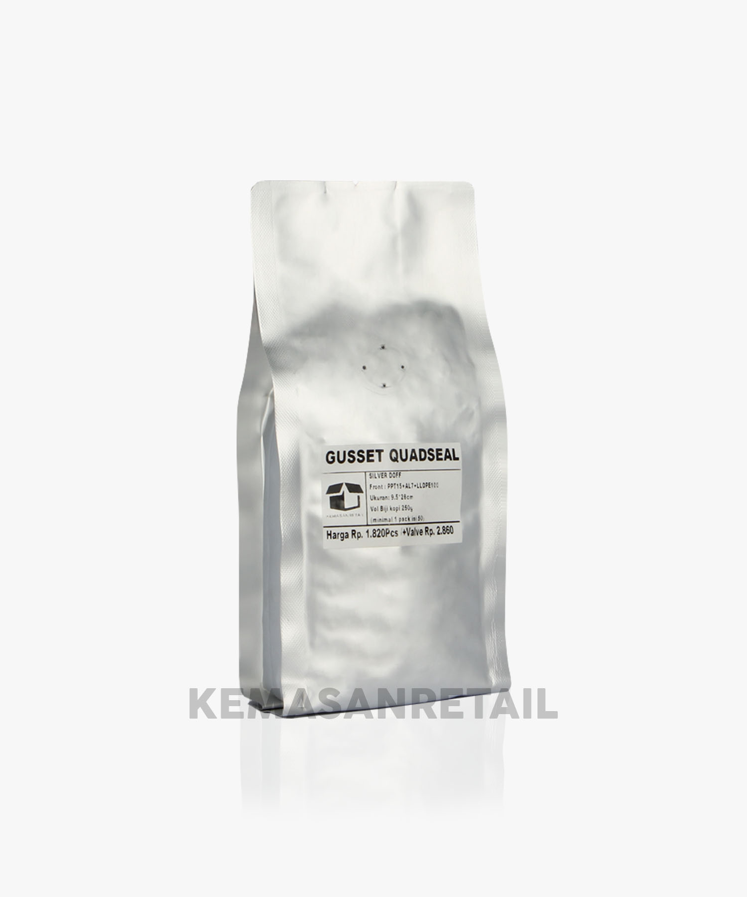 Kemasan Gusset Quadseal Aluminium Silver Doff 9.5x26 250g Kopi +Valve - Image 2
