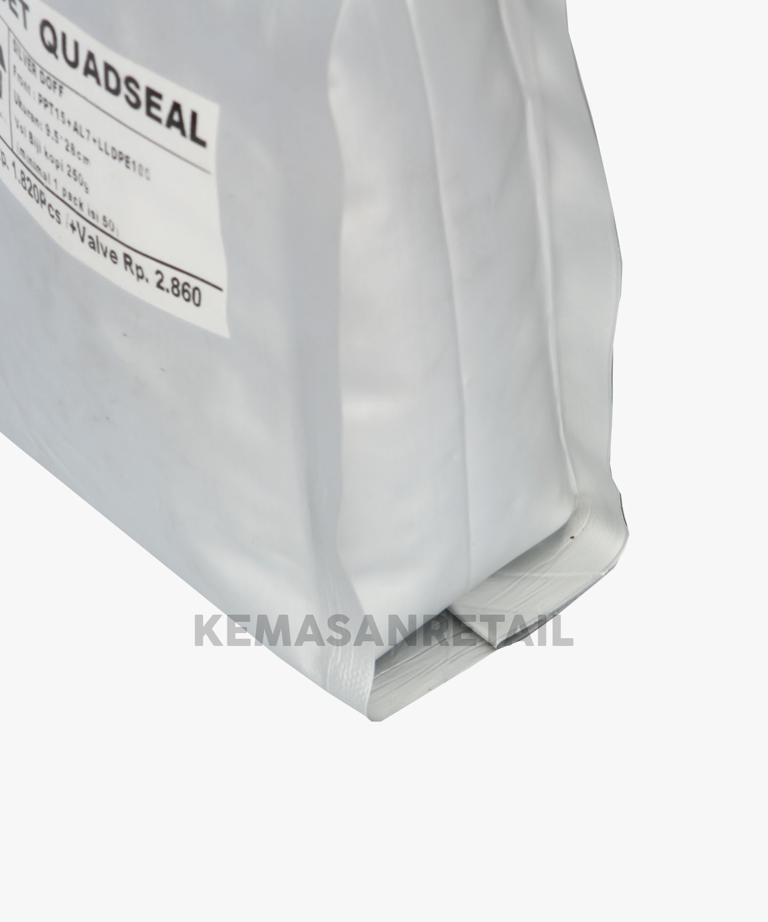 Kemasan Gusset Quadseal Aluminium Silver Doff 9.5x26 250g Kopi +Valve - Image 5