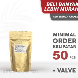 Kemasan Standing Pouch Alu Gold Doff Zipper 12x20 100g Kopi +Valve