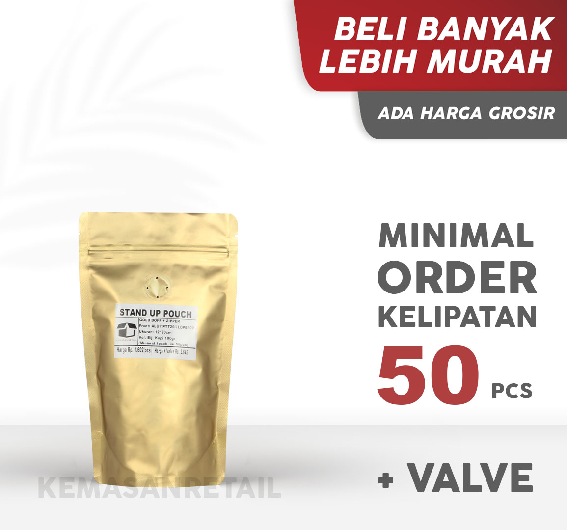 Kemasan Standing Pouch Alu Gold Doff Zipper 12x20 100g Kopi +Valve