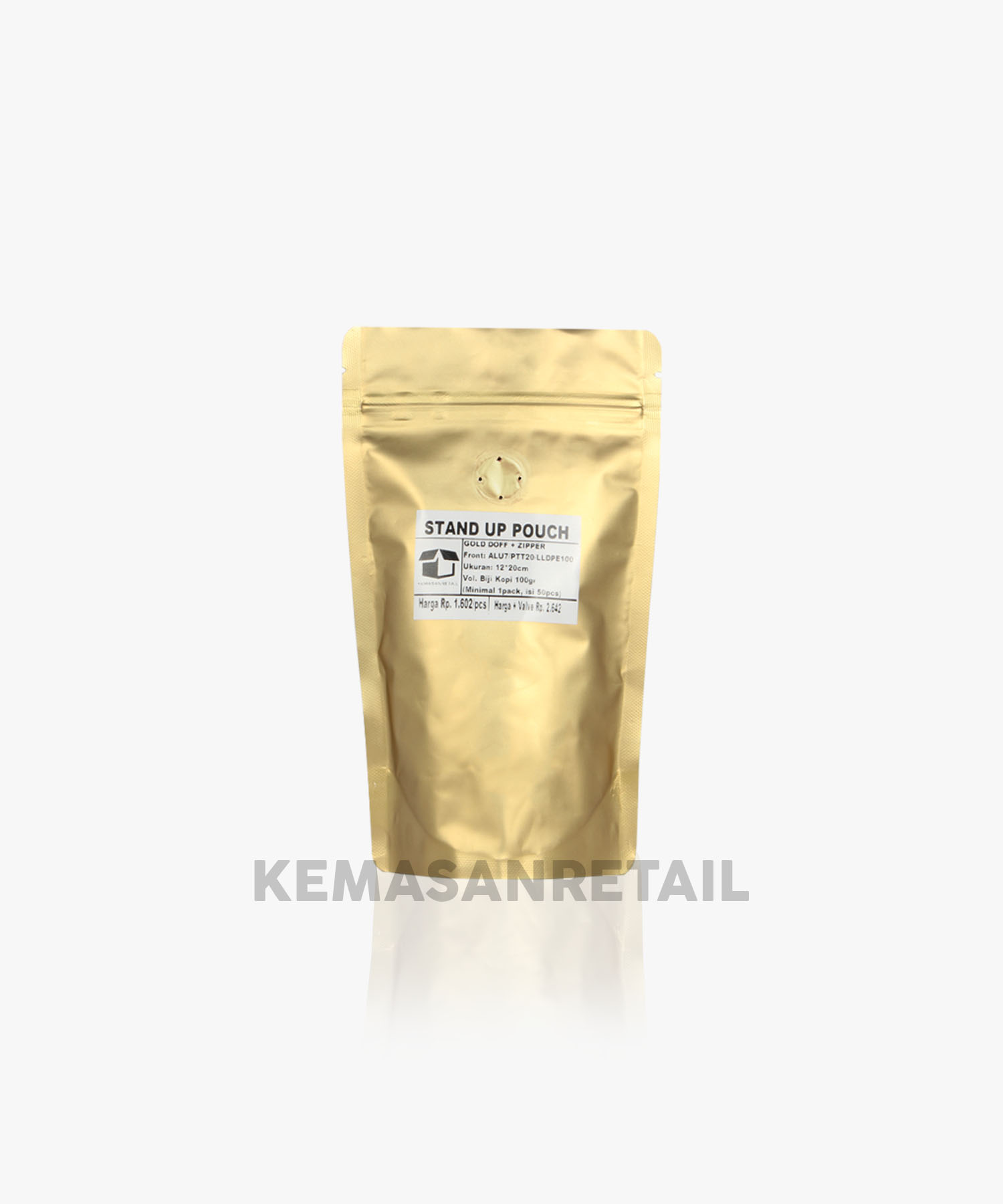 Kemasan Standing Pouch Alu Gold Doff Zipper 12x20 100g Kopi +Valve - Image 2