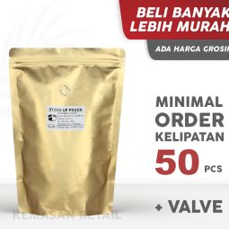 Kemasan Standing Pouch Alu Gold Doff Zipper 19x27 500g Kopi +Valve