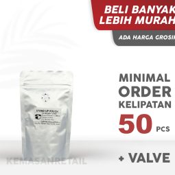 Kemasan Standing Pouch Alu Silver Doff Zipper 12x20 100g Kopi +Valve