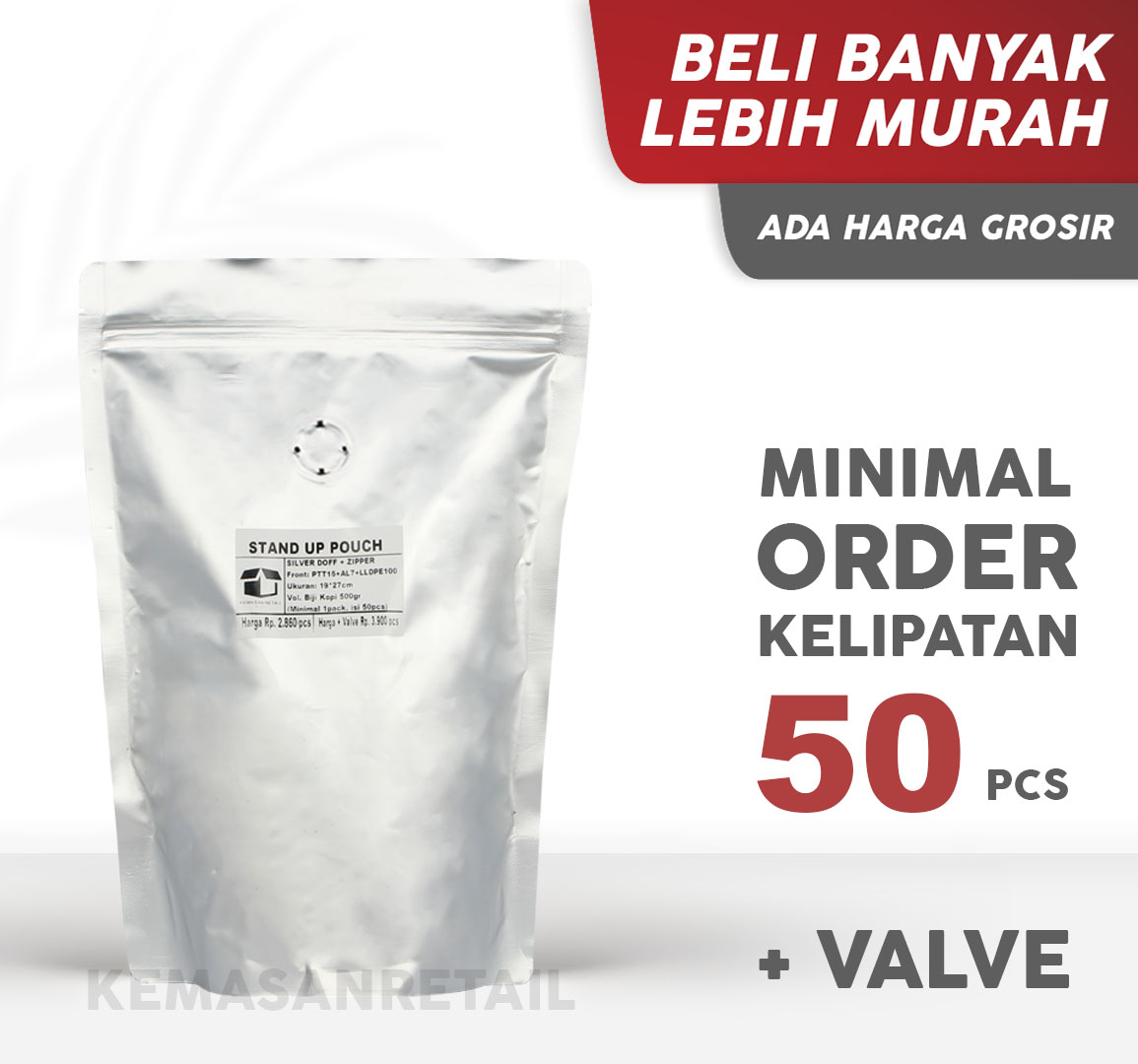 Kemasan Standing Pouch Alu Silver Doff Zipper 19x27 500g Kopi +Valve