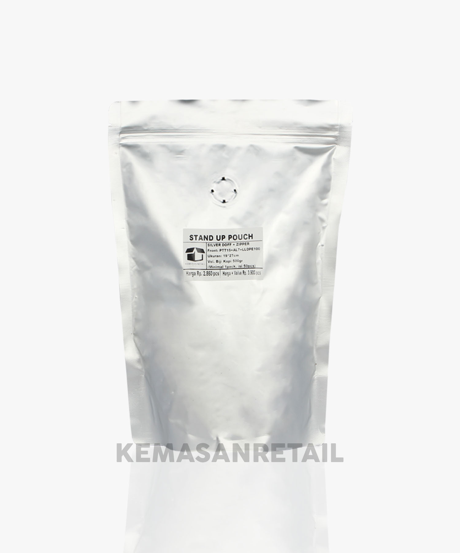 Kemasan Standing Pouch Alu Silver Doff Zipper 19x27 500g Kopi +Valve - Image 2