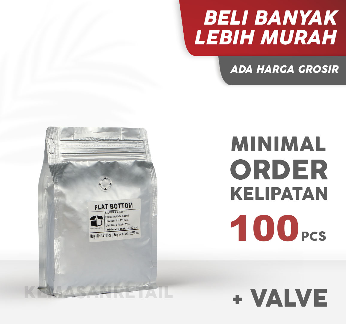 Kemasan Flat Bottom Zipper Alu Silver Doff 11.5x18 250gr Kopi +Valve