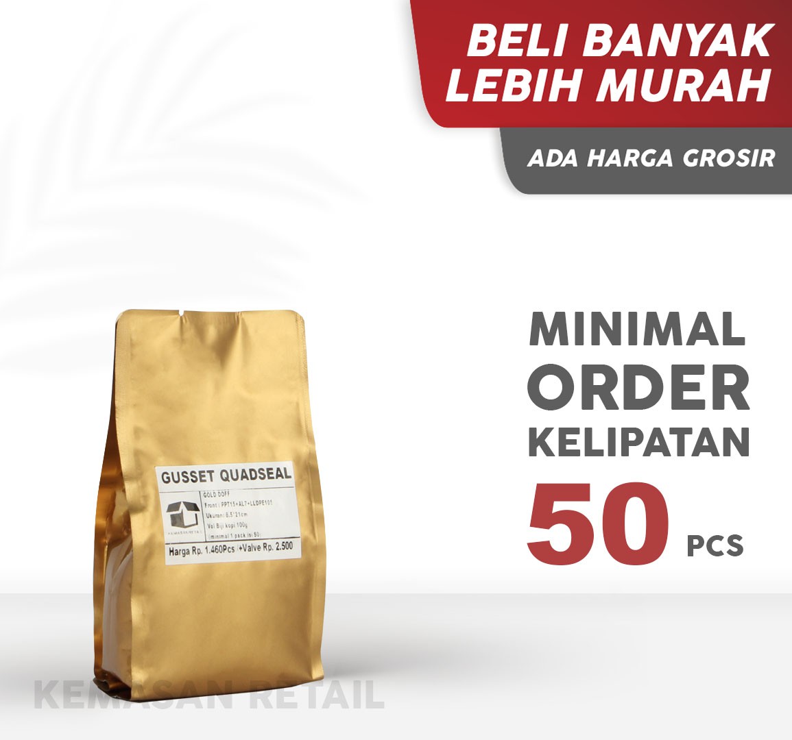 Kemasan Gusset Quadseal Aluminium Gold Doff 8.5X21 100g