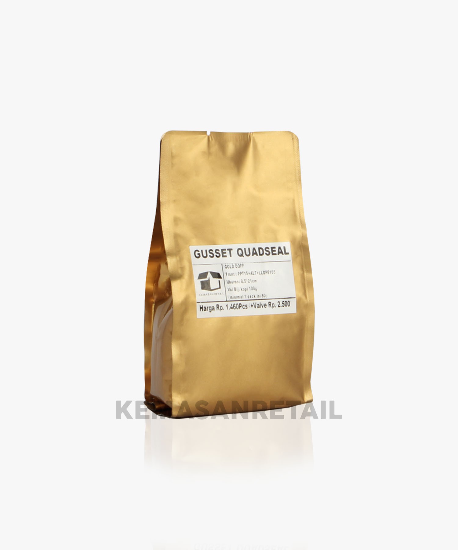 Kemasan Gusset Quadseal Aluminium Gold Doff 8.5X21 100g - Image 2