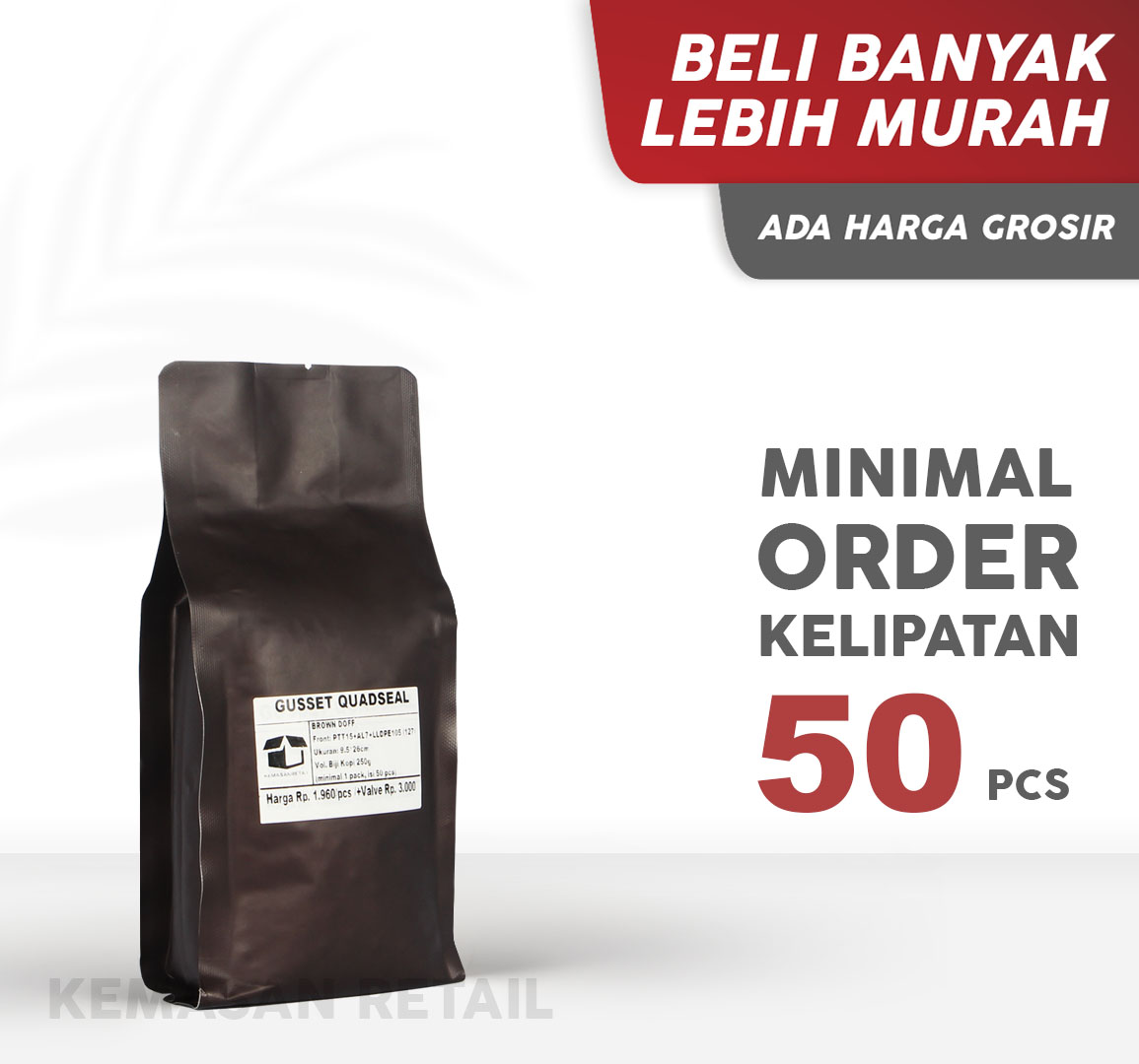 Kemasan Gusset Quadseal Aluminium Coklat Doff 9.5x26 250g