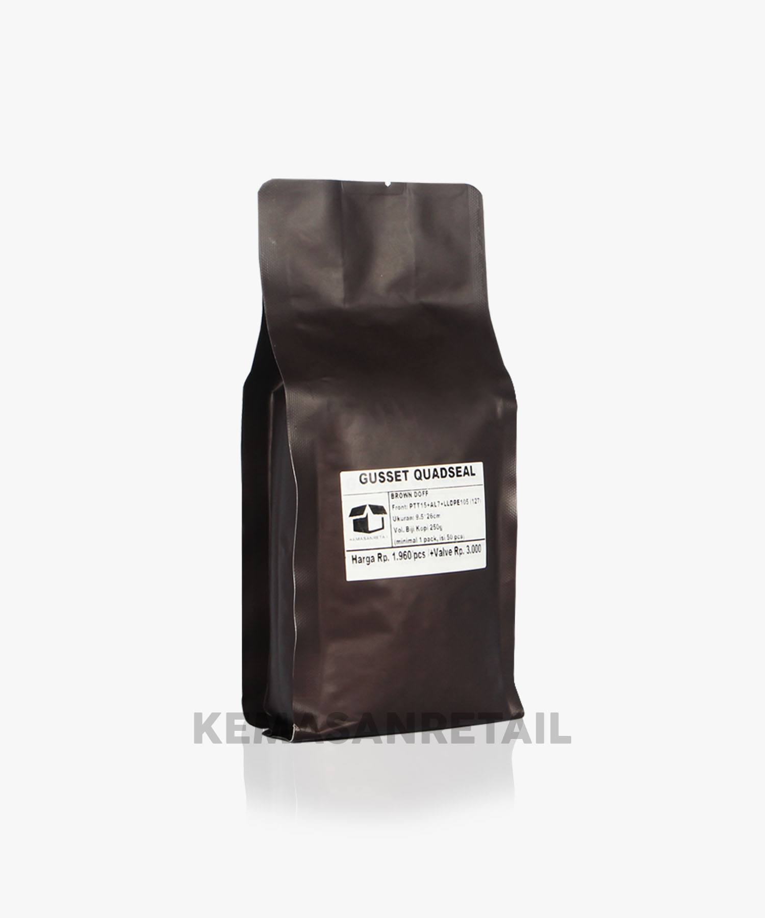 Kemasan Gusset Quadseal Aluminium Coklat Doff 9.5x26 250g - Image 2