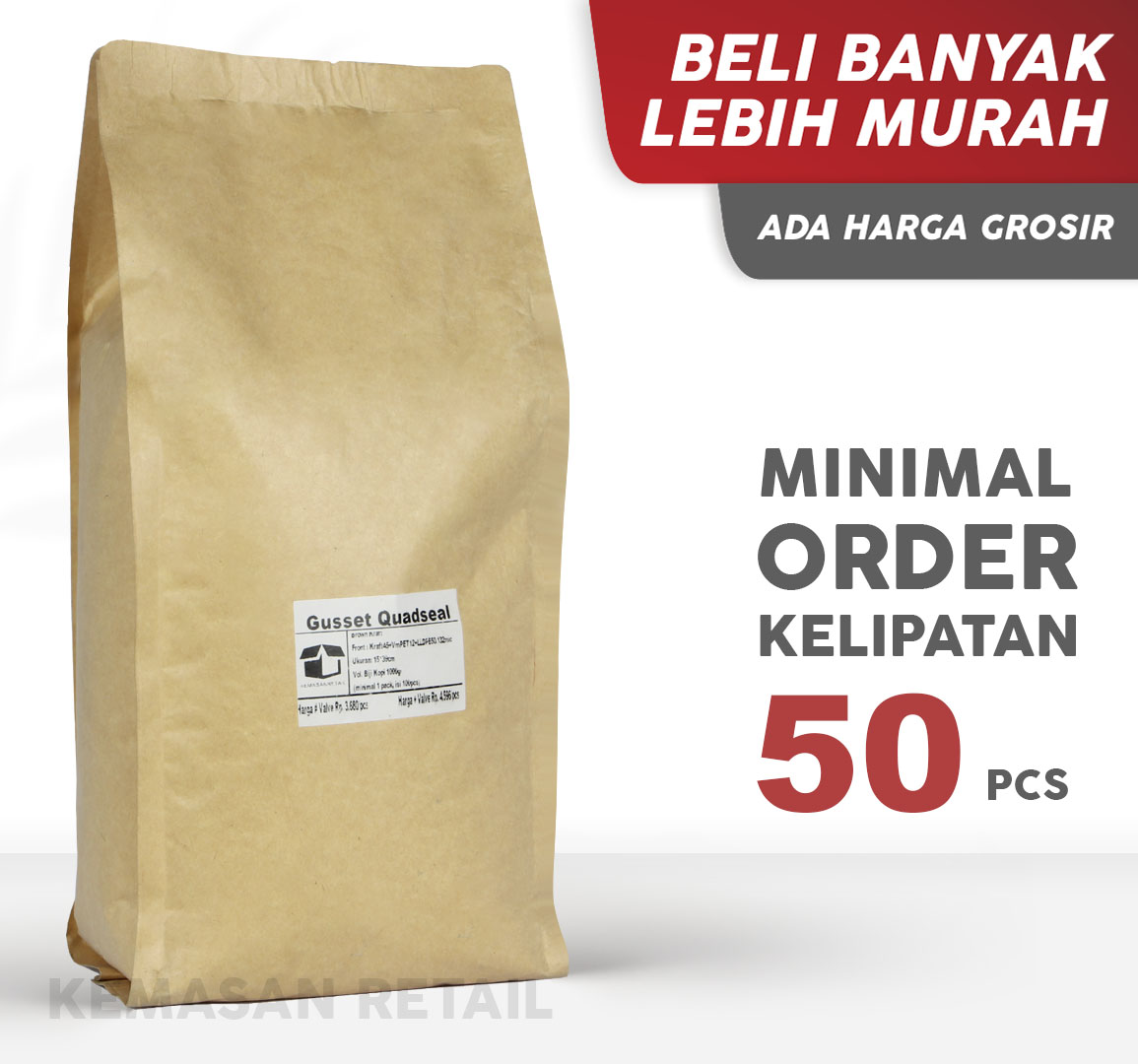 Kemasan Gusset Quadseal Kraft Paper Doff 15x39 1000g