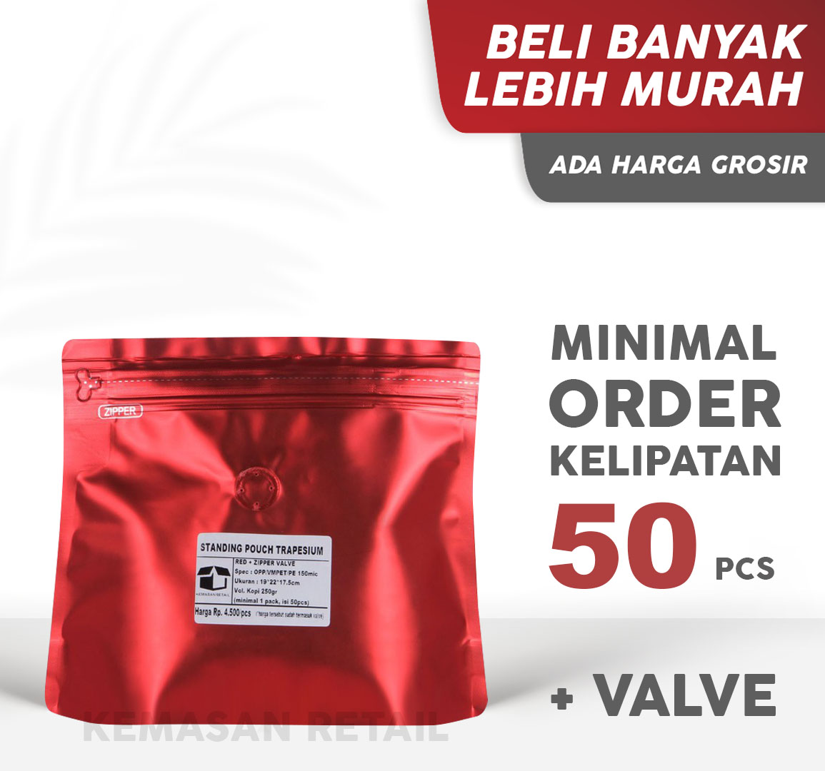 Kemasan STP Trapesium Import Zipper Merah Glossy 22x17.5 +Valve
