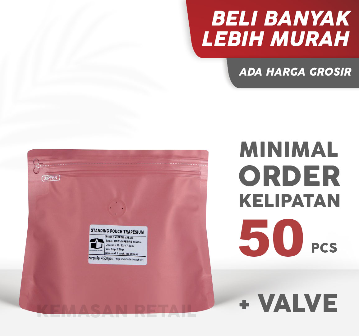 Kemasan STP Trapesium Import Zipper Pink Doff 22x17.5 +Valve