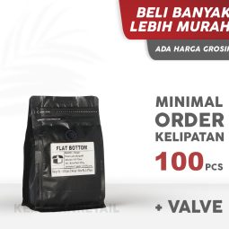Kemasan Flat Bottom Zipper Alumunium Hitam Doff 9.5x15 100gr Kopi +Valve